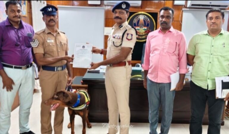 திருட்டு வழக்கில் குற்றவாளியை கண்டுபிடிக்க உதவிய மோப்பநாய்க்கு பயிற்சியாளருக்கு மாவட்ட எஸ்பி சான்றிதழ் வழங்கி பாராட்டு…. திருட்டு வழக்கில் குற்றவாளியை கண்டுபிடிக்க உதவிய மோப்பநாய்க்கு பயிற்சியாளருக்கு மாவட்ட எஸ்பி சான்றிதழ் வழங்கி பாராட்டு….